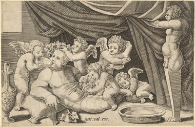 Speculum Romanae Magnificentiae: Baco rodeado de putti con Príapo sosteniendo..., siglo XVI de Master of the Die
