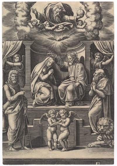 La Coronación de la Virgen, en la parte inferior izquierda está San Juan Bautista, en la parte inferior derecha..., 1530-60 de Master of the Die