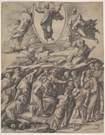 La transfiguración de Cristo que aparece en el centro superior, debajo de él varias figuras (detalle), 1530-60 de Master of the Die
