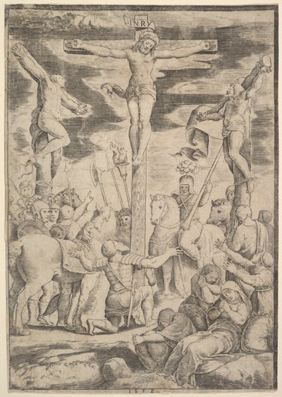 La conversión del centurión que abre sus brazos ante Cristo en la cruz de Master of the Die