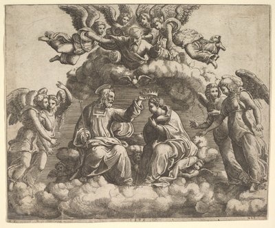 La coronación de la Virgen, Cristo sosteniendo la corona sobre su cabeza, Dios el Padre bendiciendo, 1532 de Master of the Die