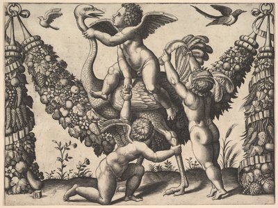 Tres putti ante una gran guirnalda, el del medio monta un avestruz de Master of the Die