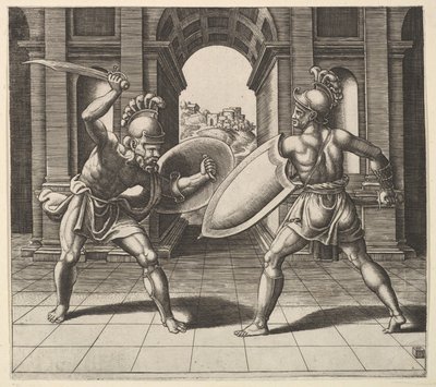 Dos gladiadores luchando frente a un arco, 1530-60 de Master of the Die