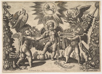 Dos putti presentando copas llenas de oro a un putto en la apariencia del dios de las riquezas de Master of the Die