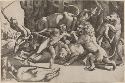Cinco hombres luchando contra bestias de Master of the Die after Giulio Romano