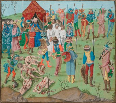 Batalla de_Nicopol secuela La masacre de los cristianos como venganza por la masacre de Rahova. Jean Froissart, Crónicas, Flandres, Brujas de Master of the Dresden Prayer Book
