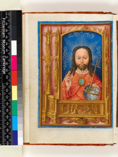 Manuscrito iluminado. Libro de Horas, folios 13 verso: Salve sancta facies, Cristo como Salvator mundi sosteniendo un orbe y bendiciendo, borde arquitectónico con santos en nichos y Santa Verónica con el Vernicle, 1510 de Master of the Dresden Prayer Book