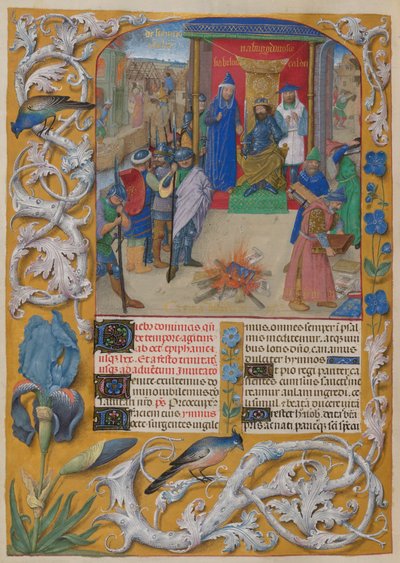 Nabucodonosor quemando los libros.
Salterio. Nabucodonosor preside la quema de libros en la destrucción de Jerusalén. Salmo 1. Borde con decoración en trampantojo de hojas de acanto, dos pájaros y un lirio. de Master of the Dresden Prayer Books