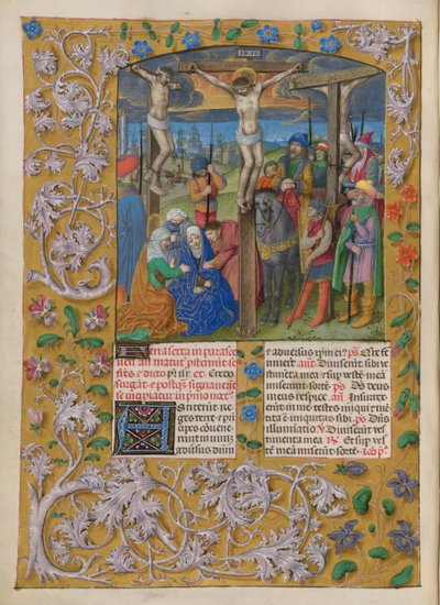 Temporal (1ª parte: del Primer Domingo de Adviento al Sábado Santo).
La Crucifixión (Viernes Santo). Franja de orilla con decoración floral. Dos columnas de texto con dos iniciales. de Master of the Dresden Prayer Books