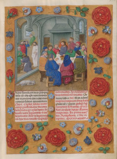Temporal (1ª parte: del Primer Domingo de Adviento al Sábado Santo).
La Última Cena (Jueves Santo, Maitines). Franja de orilla con decoración floral. Dos columnas de texto. de Master of the Dresden Prayer Books