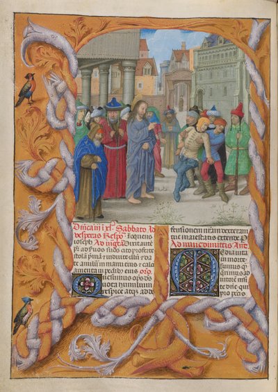 Temporal (1ª parte: del Primer Domingo de Adviento al Sábado Santo).
Cristo expulsando a un demonio mudo (Tercer domingo de Cuaresma). Franja de orilla y dos columnas de texto, con iniciales. de Master of the Dresden Prayer Books