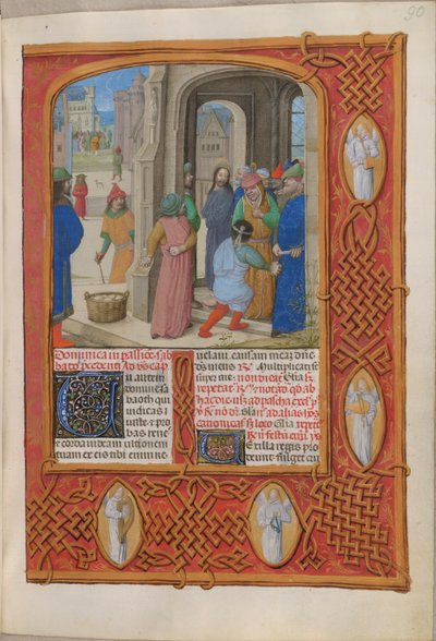 Temporale (1ª parte: del Primer Domingo de Adviento al Sábado Santo).
Los judíos amenazan con apedrear a Cristo por blasfemo en el Templo de Salomón (Domingo de Pasión). Dos columnas de texto. de Master of the Dresden Prayer Books