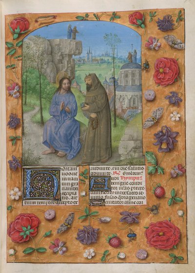 Tentación de Cristo.
he Temporale; Cuaresma 1. Cristo con el diablo, vestido de monje, sosteniendo una piedra. Detrás, las otras tentaciones: Cristo y el diablo sobre una roca y sobre la cúpula del Templo. Bordes de trampantojo d de Master of the Dresden Prayer Books