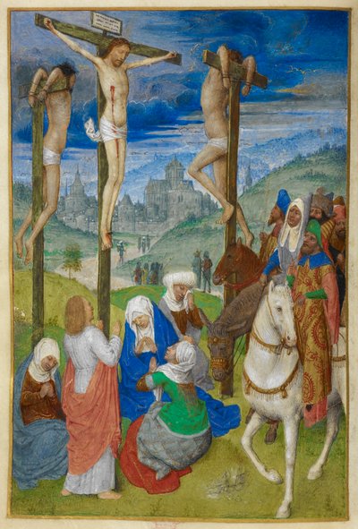La Crucifixión. Horas de la Cruz. Cristo en la cruz entre los dos ladrones, con varias figuras; tres a caballo. San Juan de pie, y la Virgen y las tres Marías sentadas, al pie de la cruz. Vista de Jerusalén al fondo. de Master of the Dresden Prayer Books