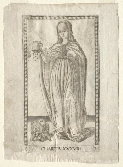 Caridad del Tarocchi, serie B: Principios Cósmicos y Virtudes, #38, antes de 1467 de Master of the E Series Tarocchi