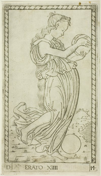 Erato, placa catorce de Apolo y las musas de Master of the E Series Tarocchi