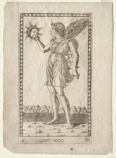 Genio del Sol de los Tarocchi, serie B: Principios Cósmicos y Virtudes, #31, antes de 1467 de Master of the E Series Tarocchi