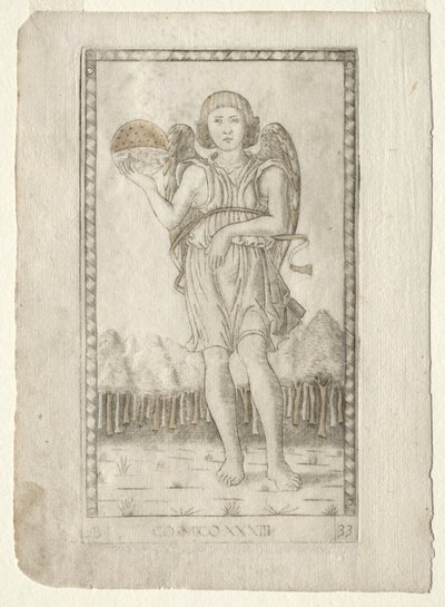 Genio del Mundo de los Tarocchi, serie B: Principios Cósmicos y Virtudes, #33, antes de 1467 de Master of the E Series Tarocchi