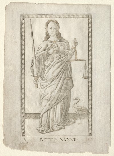 Justicia del Tarocchi, serie B: Principios Cósmicos y Virtudes, #37, antes de 1467 de Master of the E Series Tarocchi