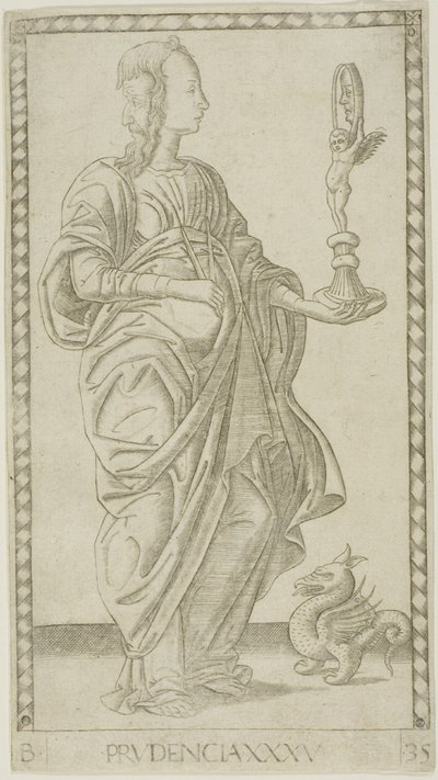 Prudencia, lámina 35 de Genios y Virtudes de Master of the E Series Tarocchi