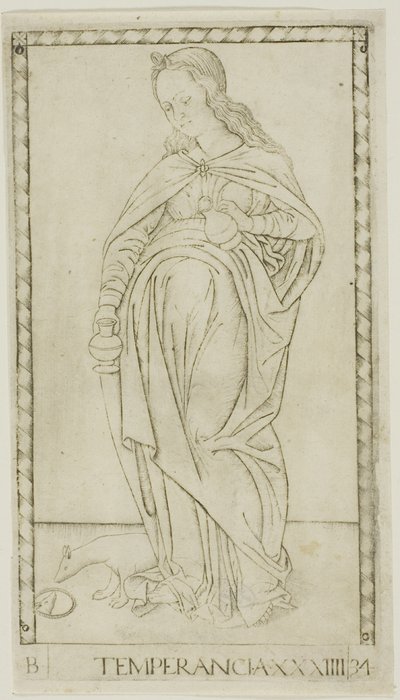 Templanza, lámina 34 de Genios y Virtudes de Master of the E Series Tarocchi