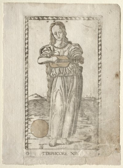 Terpsícore bailando y cantando de la serie Tarocchi, antes de 1467 de Master of the E Series Tarocchi