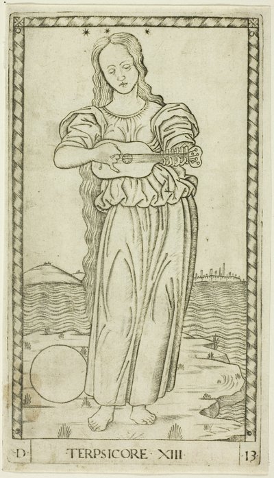 Terpsícore, lámina trece de Apolo y las Musas de Master of the E Series Tarocchi