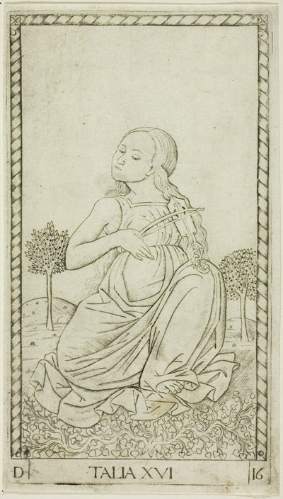 Thalia, lámina dieciséis de Apolo y las Musas de Master of the E Series Tarocchi