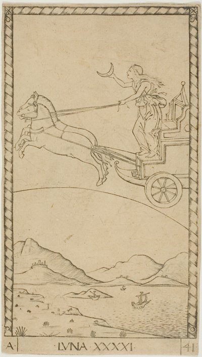 La Luna, lámina 41 de Planetas y Esferas de Master of the E Series Tarocchi