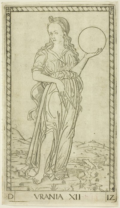 Urania, lámina doce de Apolo y las musas de Master of the E Series Tarocchi
