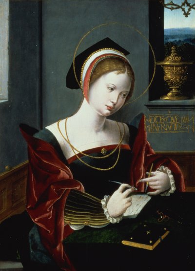 Retrato de una dama escribiendo de Master of the Female Half Lengths
