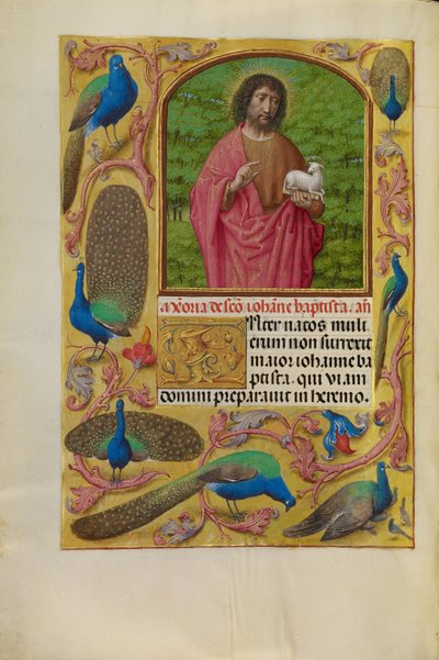 San Juan Bautista con el Cordero de Dios sobre un libro de Master of the First Prayer Book of Maximilian