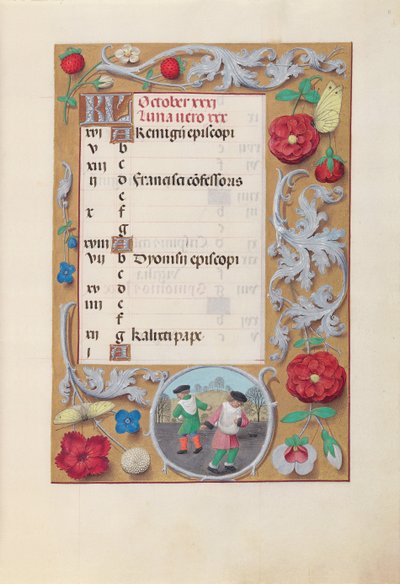 Horas de la Reina Isabel la Católica, Reina de España: Fol. 11r, Octubre, c. 1500 de Master of the First Prayerbook of Maximillian