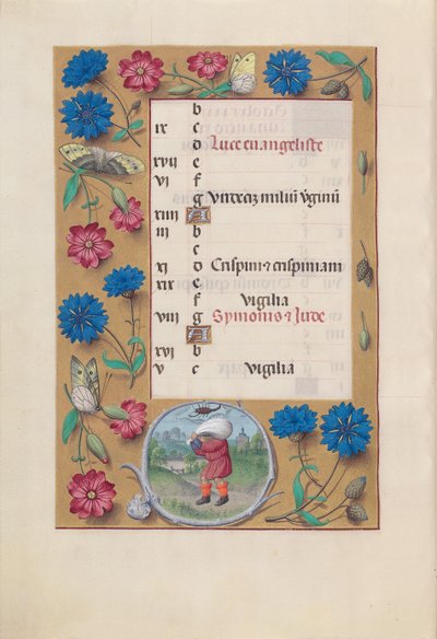 Horas de la Reina Isabel la Católica, Reina de España: Fol. 11v, octubre, c. 1500 de Master of the First Prayerbook of Maximillian