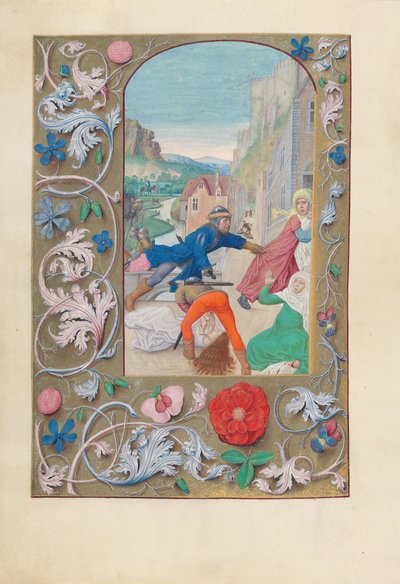 Horas de la Reina Isabel la Católica, Reina de España:  Fol. 146v, Masacre de los Inocentes y Huida a Egipto de Master of the First Prayerbook of Maximillian