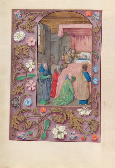 Horas de la Reina Isabel la Católica, Reina de España: Fol. 154v, Muerte de la Virgen, c. 1500 de Master of the First Prayerbook of Maximillian