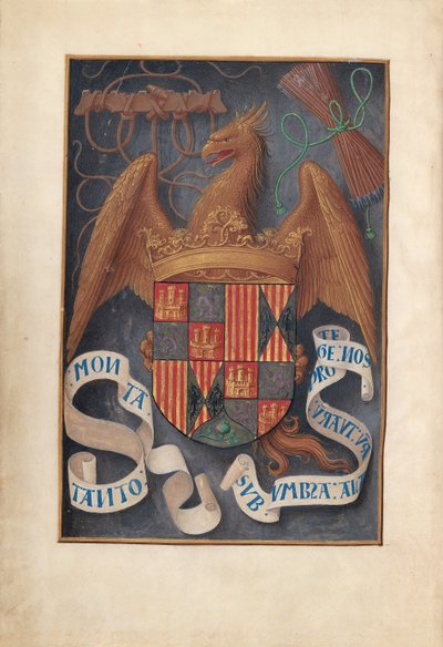 Horas de la Reina Isabel la Católica, Reina de España: Fol. 1v, Armas y Lemas de Isabel..., c. 1500 de Master of the First Prayerbook of Maximillian