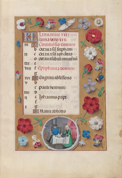 Horas de la Reina Isabel la Católica, Reina de España: Fol. 2r, Enero - Fiesta, c. 1500 de Master of the First Prayerbook of Maximillian