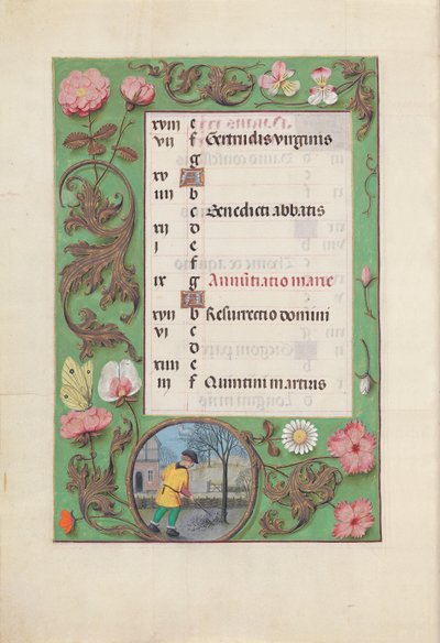 Horas de la Reina Isabel la Católica, Reina de España: Fol. 4v, Marzo, c. 1500 de Master of the First Prayerbook of Maximillian