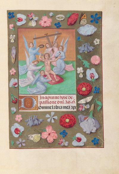 Horas de la Reina Isabel la Católica, Reina de España:  Fol. 50r, Cristo Niño con Instrumentos de la Pasión de Master of the First Prayerbook of Maximillian