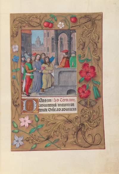 Horas de la Reina Isabel la Católica, Reina de España:  Fol. 63r, Cristo ante Pilatos de Master of the First Prayerbook of Maximillian