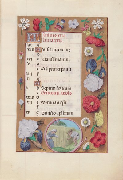Horas de la Reina Isabel la Católica, Reina de España: Fol. 8r, Julio - Cosecha de trigo, c. 1500 de Master of the First Prayerbook of Maximillian