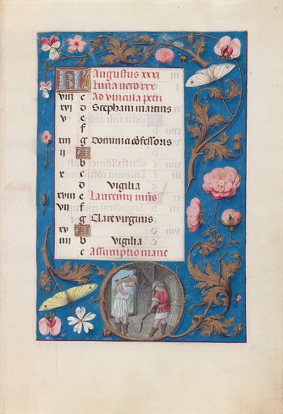 Horas de la Reina Isabel la Católica, Reina de España: Fol. 9r, Agosto - Trillando trigo, c. 1500 de Master of the First Prayerbook of Maximillian