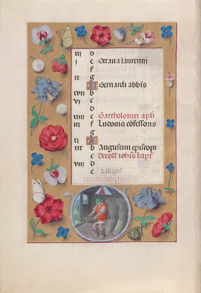 Horas de la Reina Isabel la Católica, Reina de España: Fol. 9v, agosto, c. 1500 de Master of the First Prayerbook of Maximillian