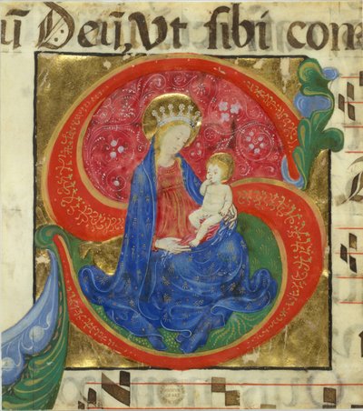 Iluminación de manuscrito con la Virgen y el Niño en una inicial S, de un antifonario, mediados del siglo XV de Master of the Franciscan Breviary