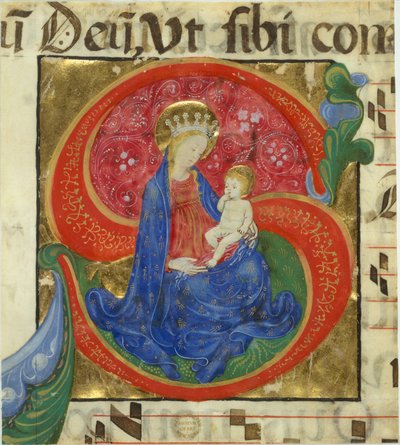 Iluminación de manuscrito con la Virgen y el Niño en una inicial S de Master of the Franciscan Breviary