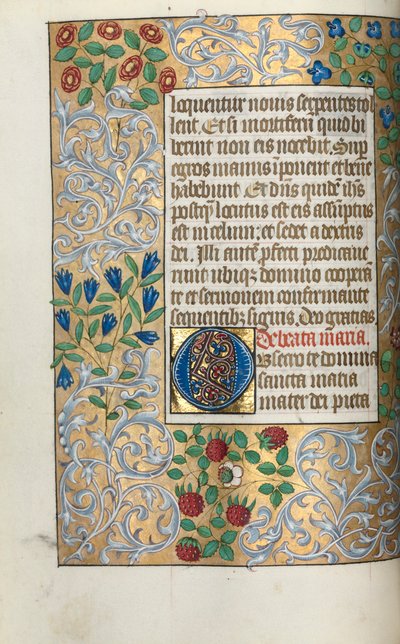 Libro de Horas (Uso de Ruán): fol. 18v, Oraciones a la Virgen, O inicial grande con borde elaborado de Master of the Geneva Latini