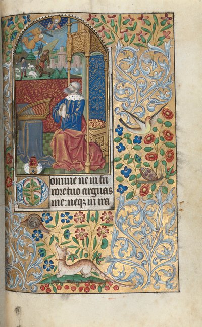Libro de Horas (Uso de Ruán): fol. 80r, Salmos penitenciales iniciales, David penitente, a lo lejos David matando a Goliat de Master of the Geneva Latini