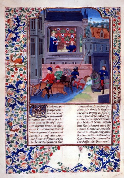 Add.35323 fol.156v Ruggiero y sus compañeros cruzan el río a caballo, del Capítulo 1, Libro X de 