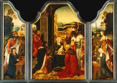 Tríptico: Adoración de los Magos, con San Jaime presentando al donante y Santa Catalina de Alejandría presentando a la esposa del donante y sus dos hijas de Master of the Holy Blood